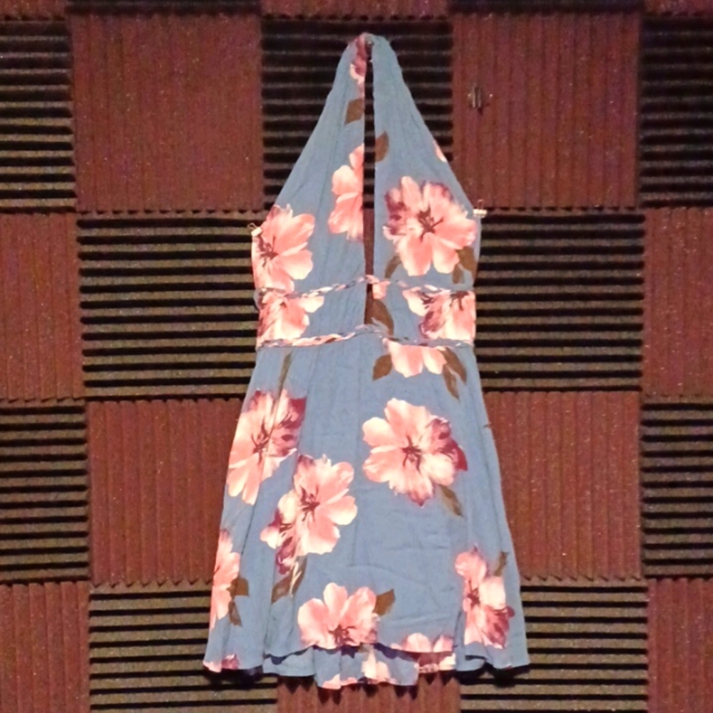 Venus sundress,  size 8, smoky blue with pink and white floral print